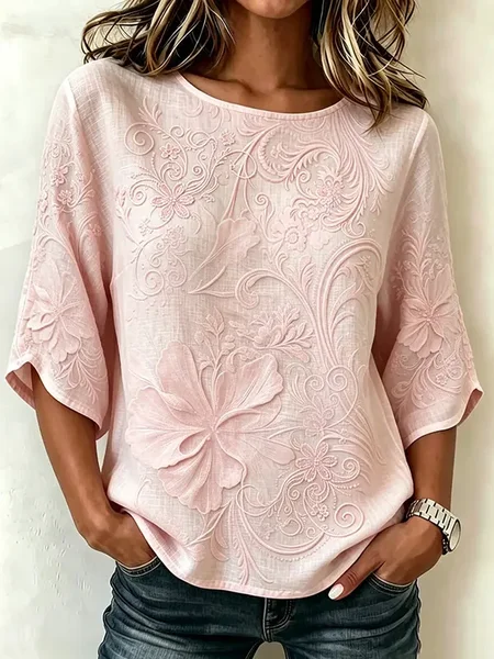 Crew Neck Half Sleeve Floral Printing Regular Micro-Elasticity Regular Fit Blouse For Women