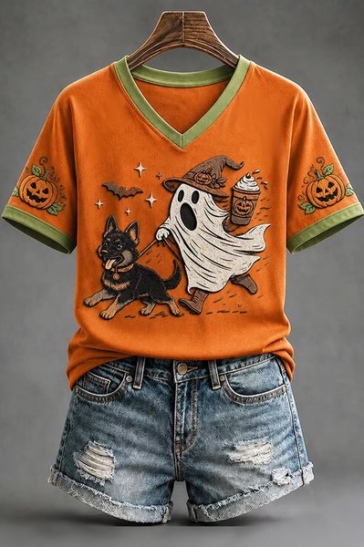 Vintage Color Block V Neck Short Sleeve T-shirt