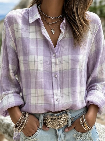 Women Plaid Shawl Collar Long Sleeve Shirt Casual Daily Spring/Fall Top