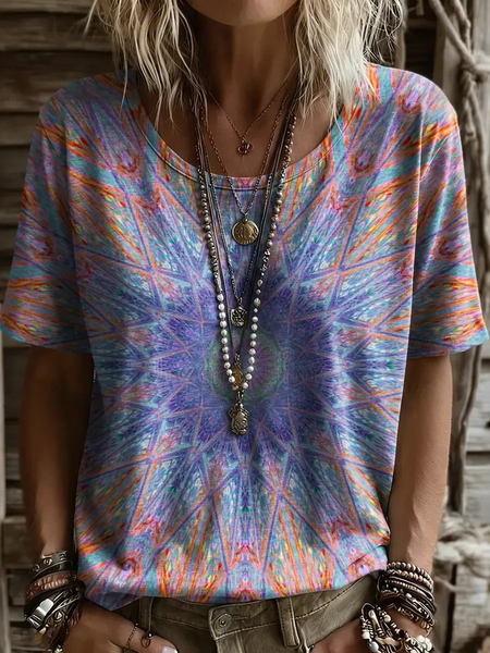 Women Abstract Short Sleeve Tee T-shirt Crew Neck Printing Casual Graphic Tee Summer Top