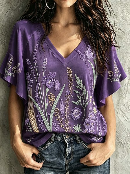 Women Text Letters Short Sleeve Tee T-shirt V Neck Vintage Summer Top