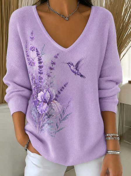 Women Floral Long Sleeve Tee T-shirt V Neck Casual Spring/Fall Top