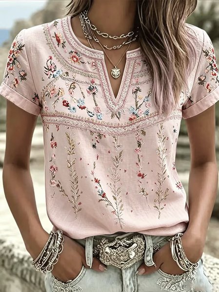 Women Floral Short Sleeve Tee T-shirt Notched Casual Summer Top