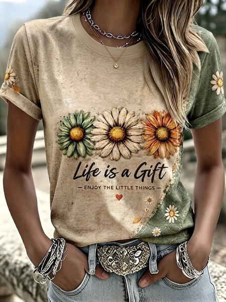 Casual Floral Crew Neck Short Sleeve T-shirt