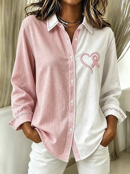 Shawl Collar Long Sleeve Color Block Lightweight Regular Fit Shirt For Women