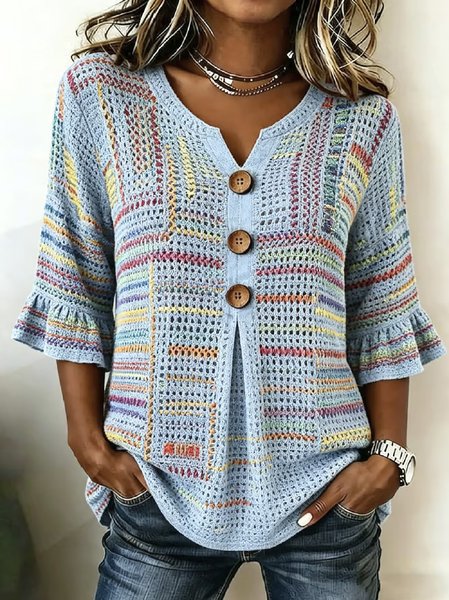 V Neck Half Sleeve Striped Regular Regular Fit Blouse For Women
