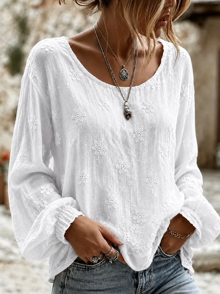 Crew Neck Long Sleeve Floral Lightweight Micro-Elasticity Loose Blouse For Women
