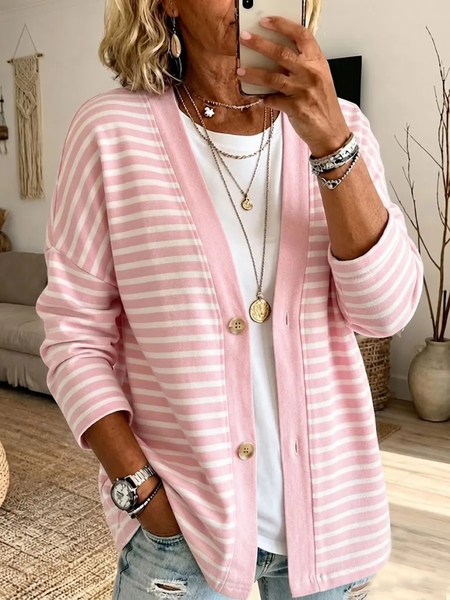 Women Striped Printing Long Sleeve Casual Spring/Fall Jacket Outerwear
