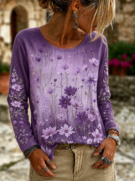 Women Floral Long Sleeve Tee T-shirt Crew Neck Printing Casual Spring/Fall Top