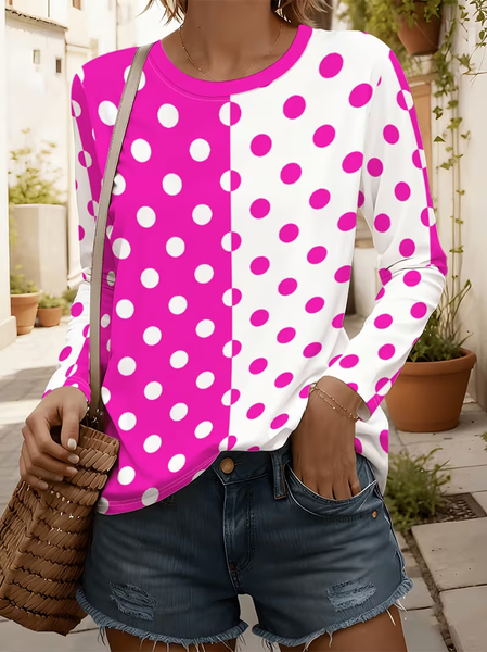 Women Polka Dots Long Sleeve Tee T-shirt Crew Neck Printing Casual Spring/Fall Top