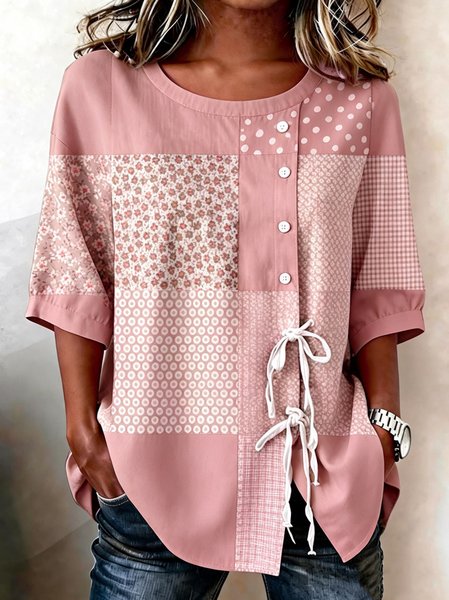 Women Geometric Crew Neck Half Sleeve Shirt Vintage Daily Summer Top