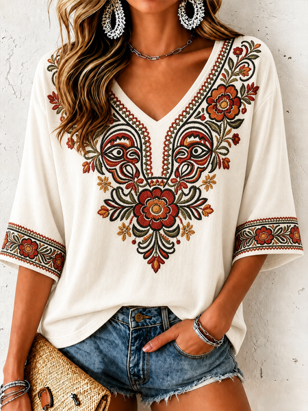 Women Floral Half Sleeve Tee T-shirt V Neck Vintage Summer Top