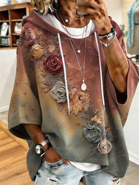 Women Floral Printing Half Sleeve Casual Daily Spring/Fall Hoodie