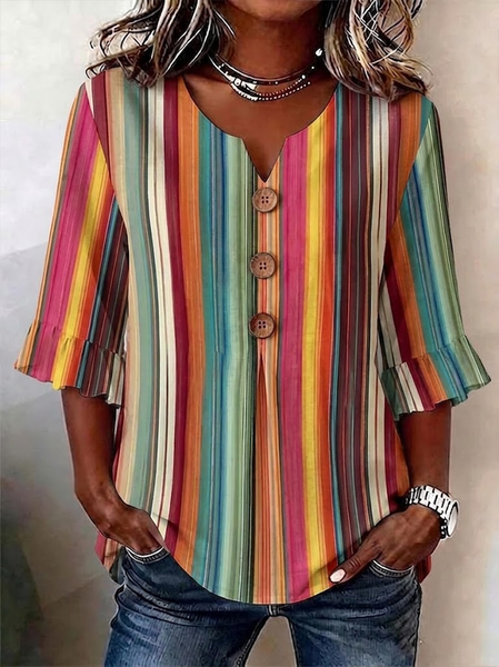 Women Striped V Neck Half Sleeve Blouse Casual Daily Summer Top