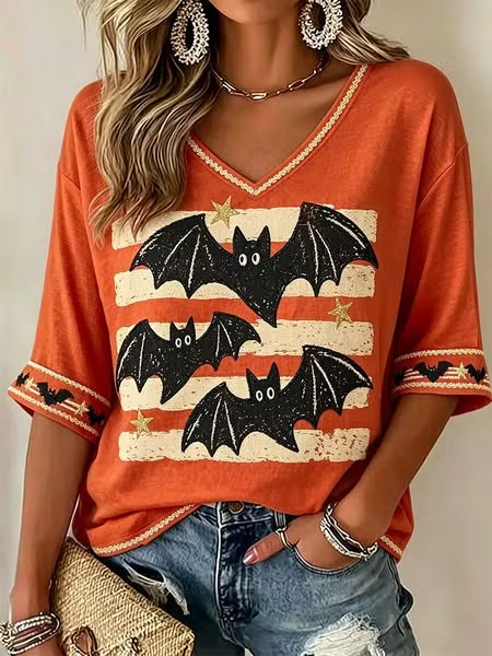 Women Geometric Half Sleeve Tee T-shirt V Neck Vintage Summer Top