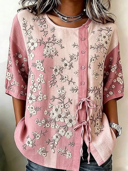 Women Floral Crew Neck Half Sleeve Shirt Casual Daily Summer Top