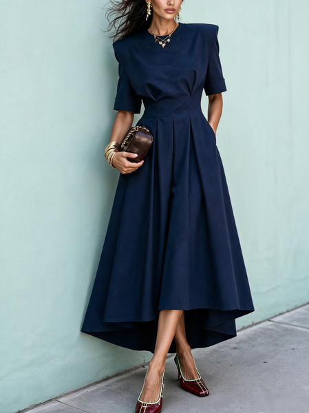 Elegant Plain Shoulder Pad Maxi Dress