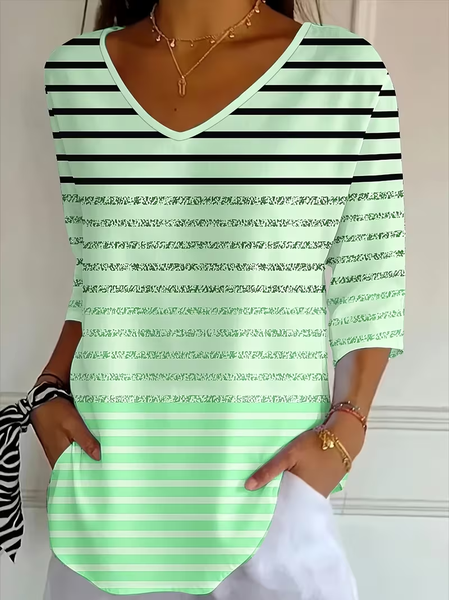 Women Striped Three Quarter Sleeve Tee T-shirt V Neck Printing Casual Graphic Tee Spring/Fall Top