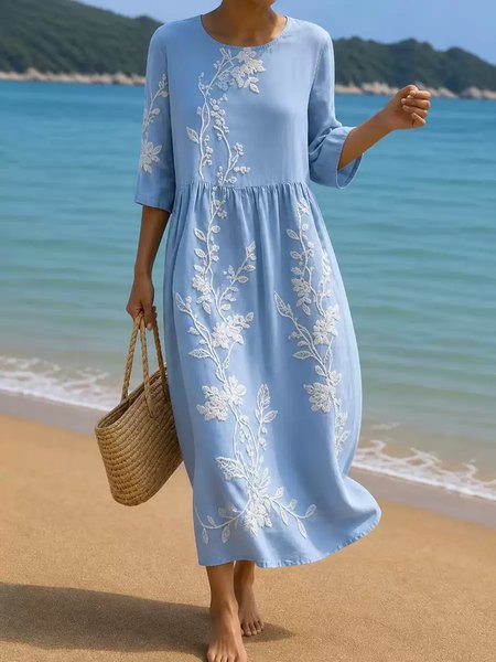 Women Floral Short Sleeve Crew Neck Dress Daily Casual Maxi Fit & Flare Dress A-Line Summer Dress