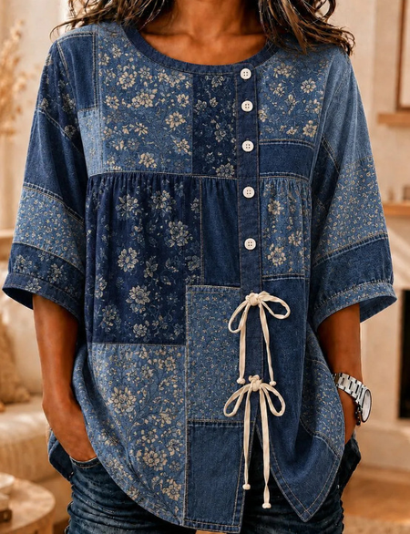 Women Floral Crew Neck Half Sleeve Shirt Vintage Daily Summer Top