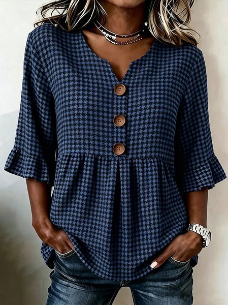 Women Houndstooth V Neck Half Sleeve Blouse Casual Daily Summer Top