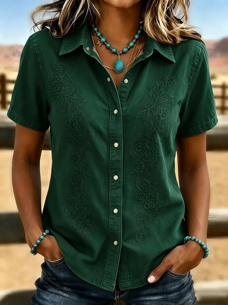Women Floral Shirt Collar Short Sleeve Shirt Printing Casual Daily Summer Top