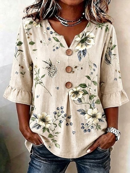Women Floral V Neck Half Sleeve Blouse Casual Daily Summer Top