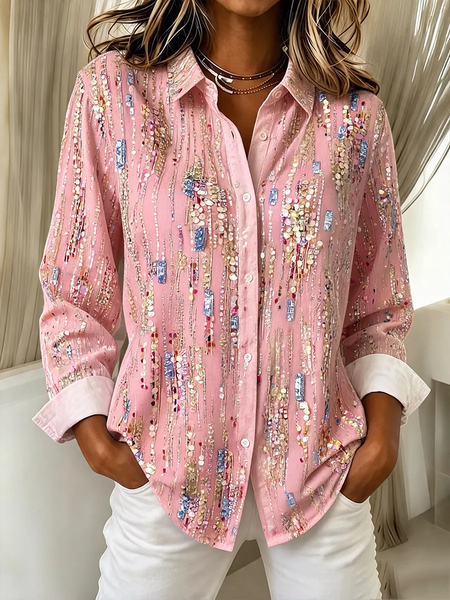 Women Abstract Shirt Collar Long Sleeve Shirt Buckle Regular Sleeve Casual Daily Spring/Fall Top