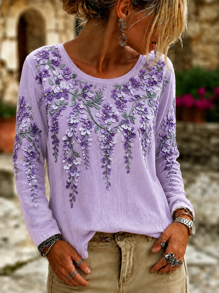 Women Floral Long Sleeve Tee T-shirt Crew Neck Casual Spring/Fall Top