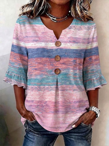 Women Striped V Neck Half Sleeve Blouse Casual Daily Summer Top