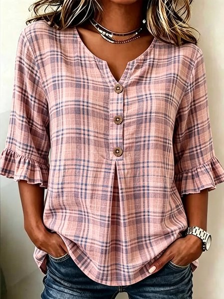 Women Plaid V Neck Half Sleeve Blouse Casual Daily Summer Top