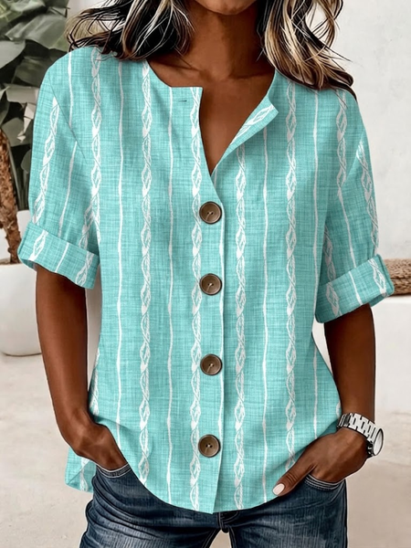 Stand Collar Three Quarter Sleeve Striped Regular Loose Shirt For Women