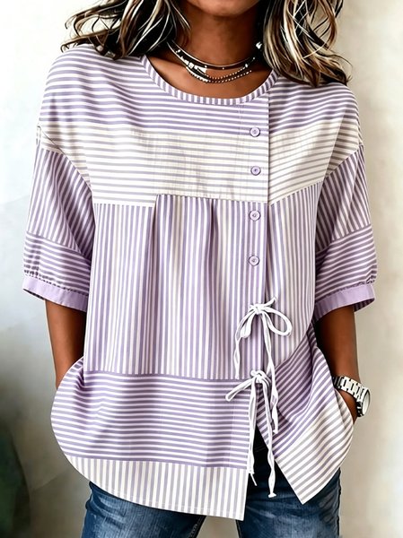 Women Striped Crew Neck Half Sleeve Shirt Casual Daily Summer Top