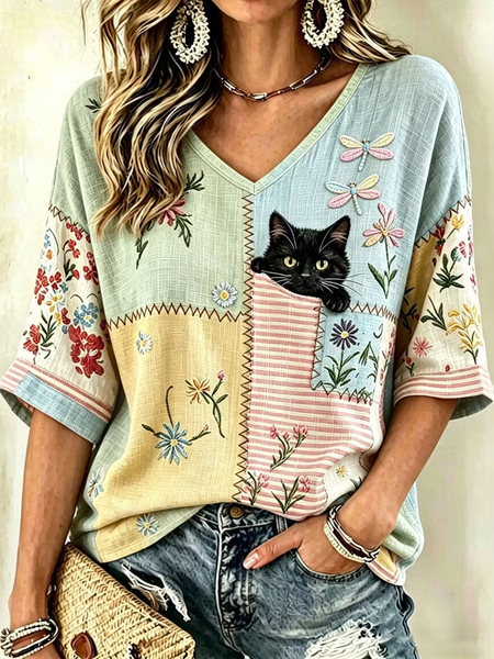 Women Floral Half Sleeve Tee T-shirt V Neck Printing Vintage Summer Top