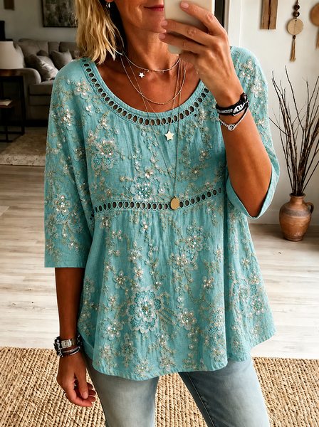 Women Floral Crew Neck Half Sleeve Blouse Printing Vintage Daily Summer Top
