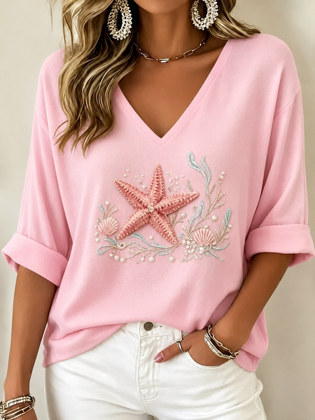 Women Shell Half Sleeve Tee T-shirt V Neck Vintage Summer Top