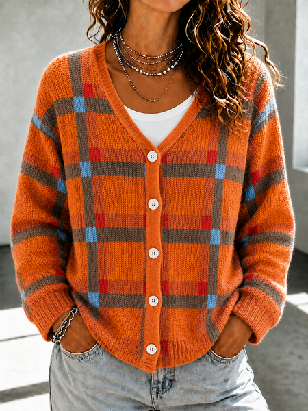 Women Geometric Long Sleeve V Neck Casual Spring/Fall Cardigan Outerwear