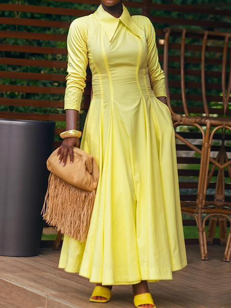 Elegant Plain Shirt Collar Three Quarter Sleeve Maxi Dress