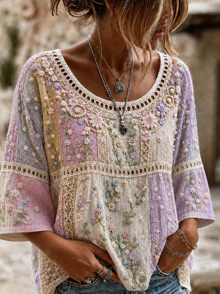 Women Floral Crew Neck Half Sleeve Blouse Printing Vintage Daily Summer Top