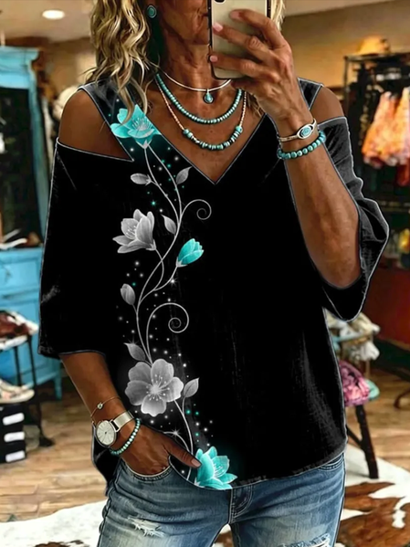 Women Floral V Neck Half Sleeve Blouse Casual Daily Summer Top