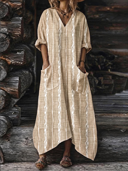 Women Striped Long Sleeve V Neck Dress Daily Casual Maxi Shift Dress H-Line Summer Dress