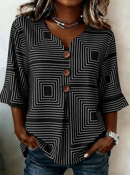 Women Striped V Neck Half Sleeve Blouse Printing Vintage Daily Summer Top