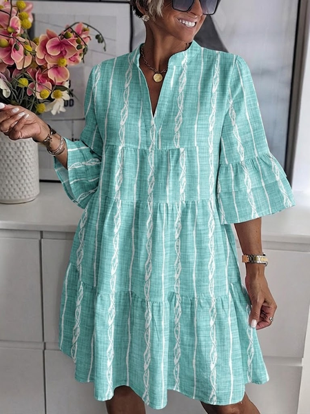 Women Striped Half Sleeve Notched Dress Daily Casual Mini Shirt Dress A-Line Summer Dress