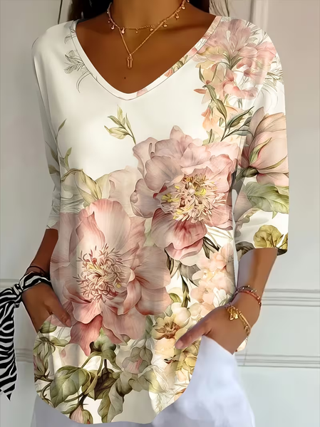 Women Floral Three Quarter Sleeve Tee T-shirt V Neck Printing Casual Graphic Tee Spring/Fall Top