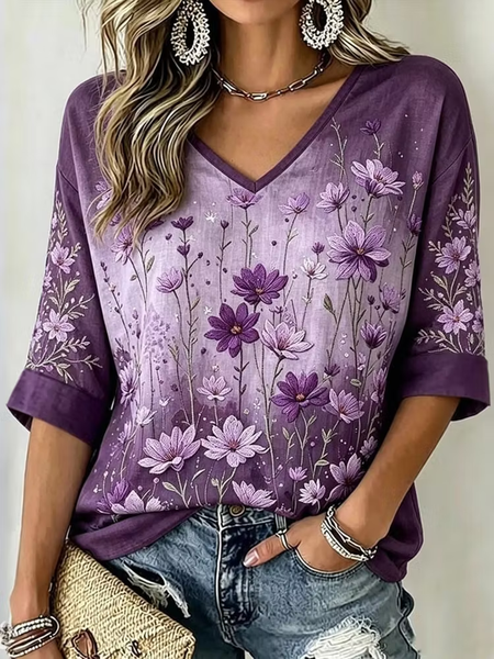 Women Floral Half Sleeve Tee T-shirt V Neck Printing Vintage Summer Top