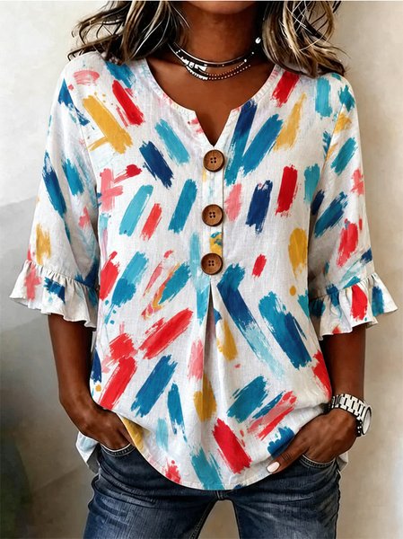 Women Graffiti V Neck Half Sleeve Blouse Casual Daily Summer Top