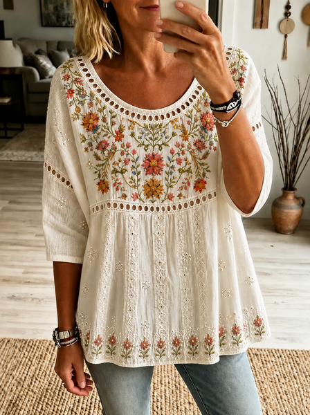 Women Floral Crew Neck Half Sleeve Blouse Printing Vintage Daily Summer Top
