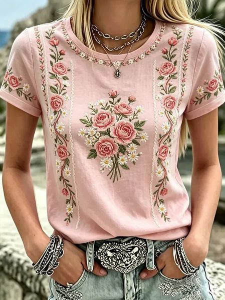 Women Floral Short Sleeve Tee T-shirt Crew Neck Printing Casual Graphic Tee Summer Top