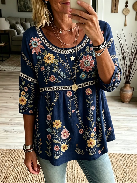 Women Floral Crew Neck Half Sleeve Blouse Printing Vintage Daily Summer Top