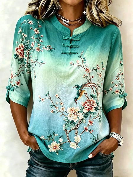 Women Floral Mandarin Collar Half Sleeve Blouse Printing Vintage Daily Summer Top